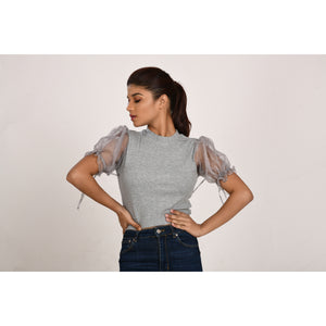 Hosiery Blouses with Puffy Organza Sleeves - Light Grey - Blouse featured