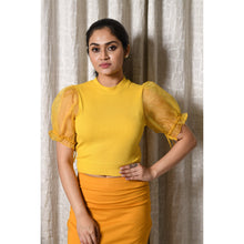 Load image into Gallery viewer, Hosiery Blouses with Puffy Organza Sleeves - Mango Yellow - Blouse featured