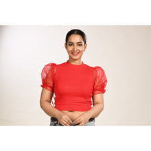 Load image into Gallery viewer, Hosiery Blouses with Puffy Organza Sleeves - Red - Blouse featured