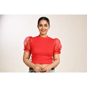 Hosiery Blouses with Puffy Organza Sleeves - Red - Blouse featured