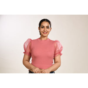 Hosiery Blouses with Puffy Organza Sleeves - Rose Pink - Blouse featured