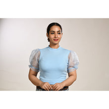 Load image into Gallery viewer, Hosiery Blouses with Puffy Organza Sleeves - Sky Blue - Blouse featured