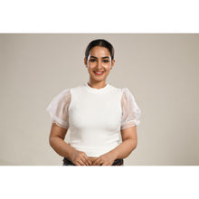 Load image into Gallery viewer, Hosiery Blouses with Puffy Organza Sleeves - White - Blouse featured