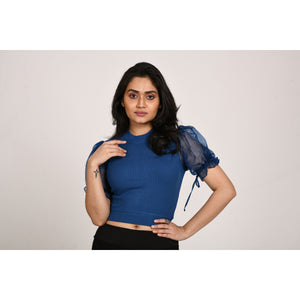 Hosiery Blouses with Puffy Organza Sleeves - Azure Blue - Blouse featured