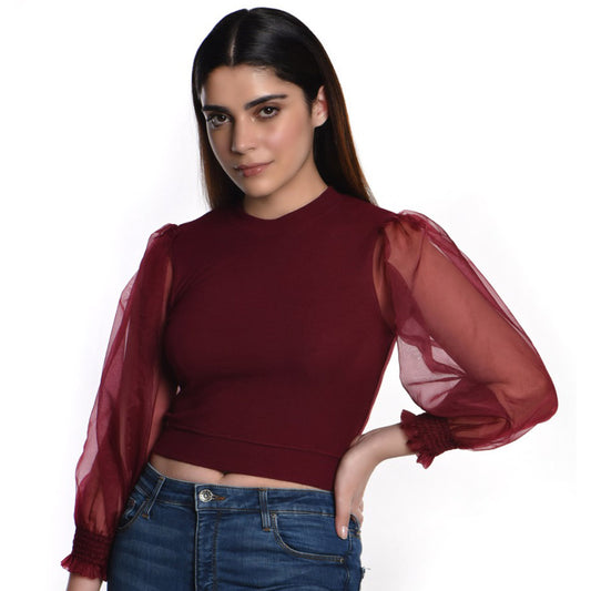 Hosiery Blouses with Puffy Organza Full Sleeves - Maroon - Blouse featured