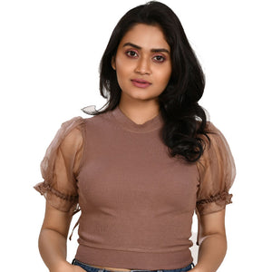 Hosiery Blouses with Puffy Organza Sleeves - Light Brown - Blouse featured