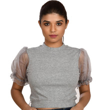 Load image into Gallery viewer, Hosiery Blouses with Puffy Organza Sleeves - Light Grey - Blouse featured