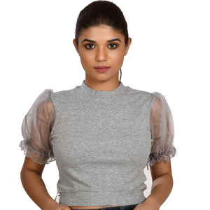 Hosiery Blouses with Puffy Organza Sleeves - Light Grey - Blouse featured