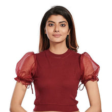 Load image into Gallery viewer, Hosiery Blouses with Puffy Organza Sleeves - Maroon - Blouse featured