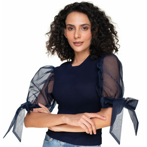 Hosiery Blouses- Bow Tie Up Sleeves - Royal Blue - Blouse featured