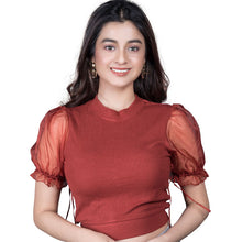 Load image into Gallery viewer, Hosiery Blouses with Puffy Organza Sleeves - Rust - Blouse featured