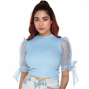 Hosiery Blouses- Bow Tie Up Sleeves - Sky Blue - Blouse featured