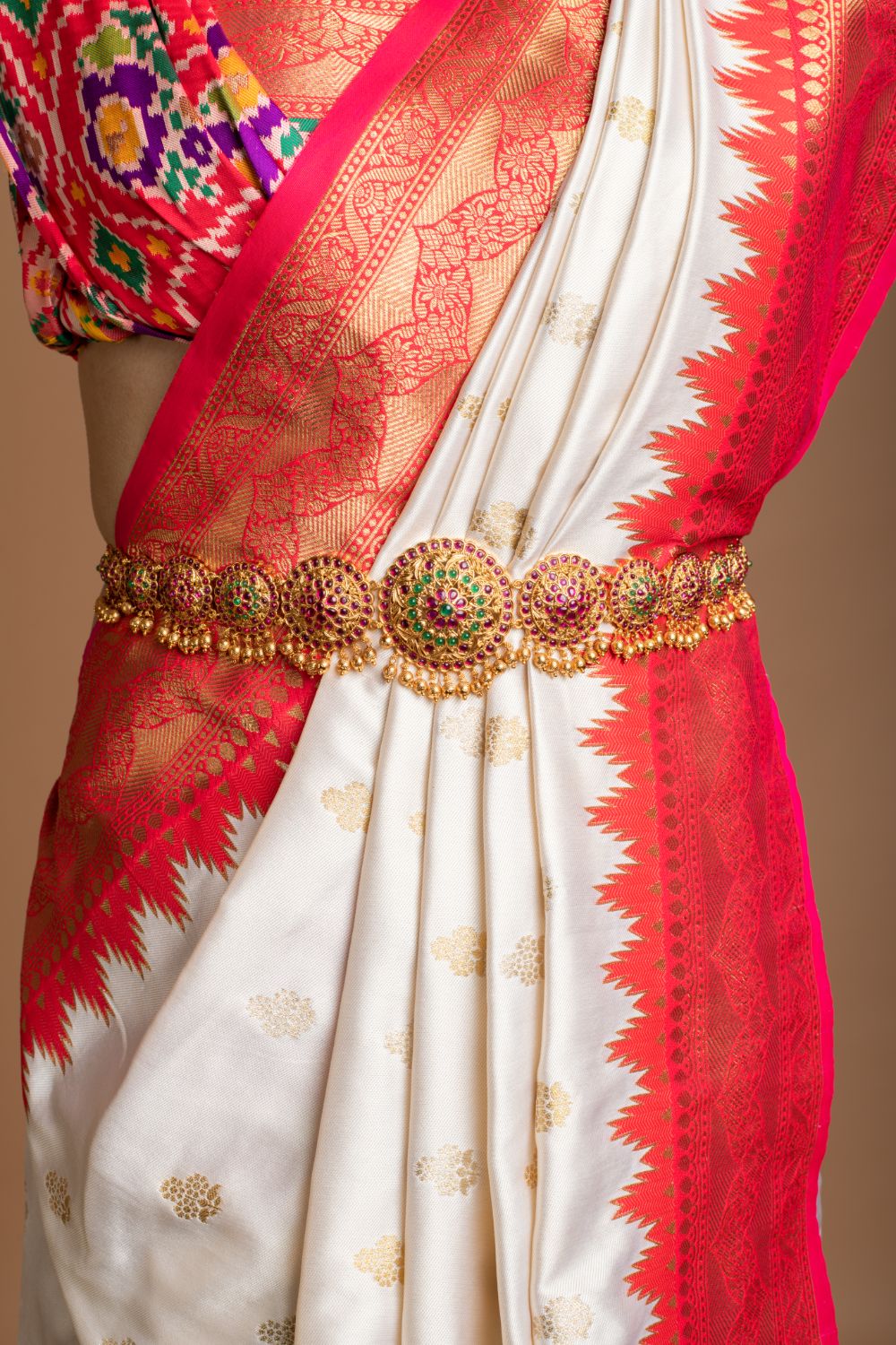 White Silk Saree With Red Banarasi Border Saree