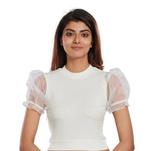 Load image into Gallery viewer, Hosiery Blouses with Puffy Organza Sleeves - White - Blouse featured
