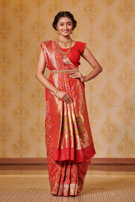Beautiful Bright Red Bandhej Silk Saree Weaved with Zari