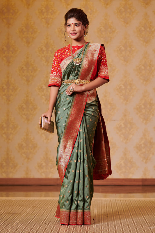 Beautiful Sap Green Silk Saree with Red Zari