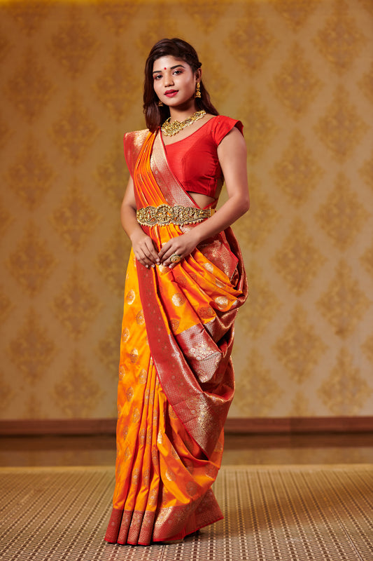 Beautiful Kesar and Red Silk Saree with Heavy Border
