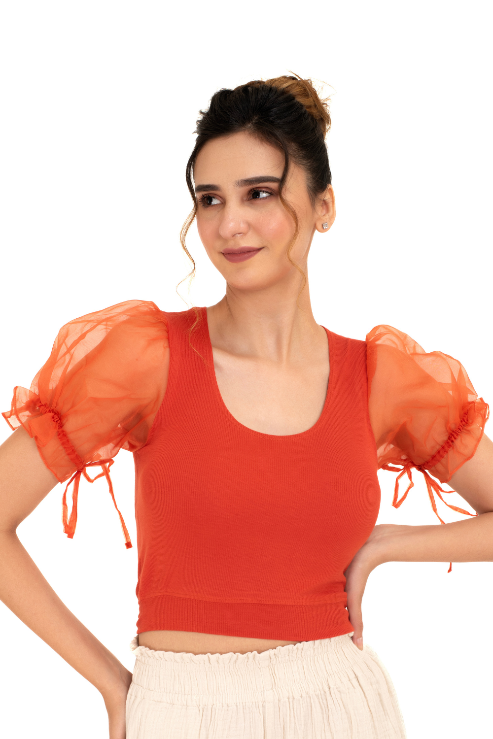 Round neck Blouses with Puffy Organza Sleeves - Brick Red - Blouse featured