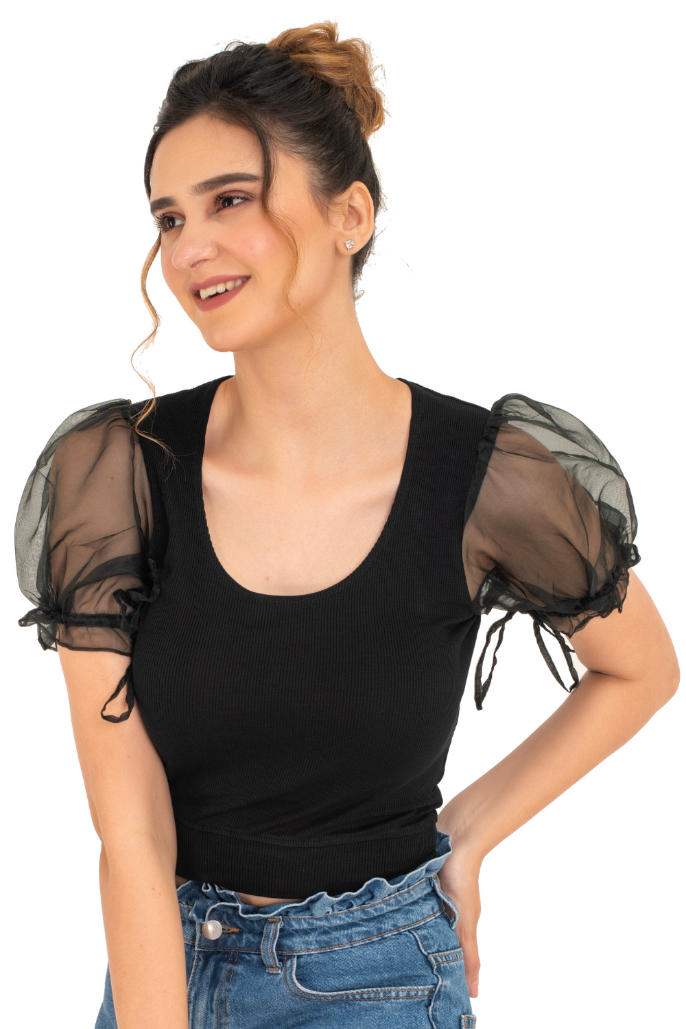 Round neck Blouses with Puffy Organza Sleeves- Plus Size - Black - Blouse featured