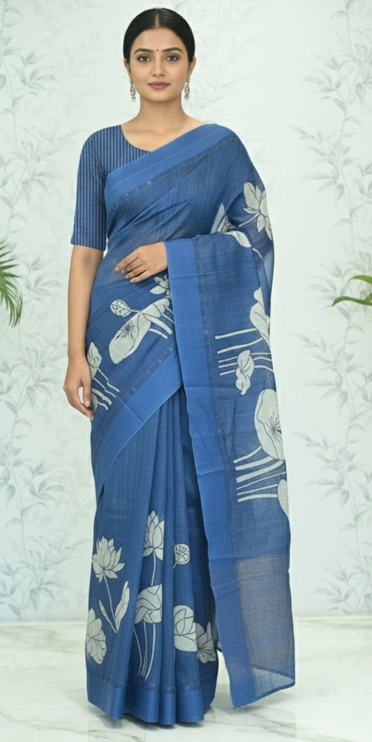 Gayatri Lotus Tussar Silk Saree - Zodiac Blue featured