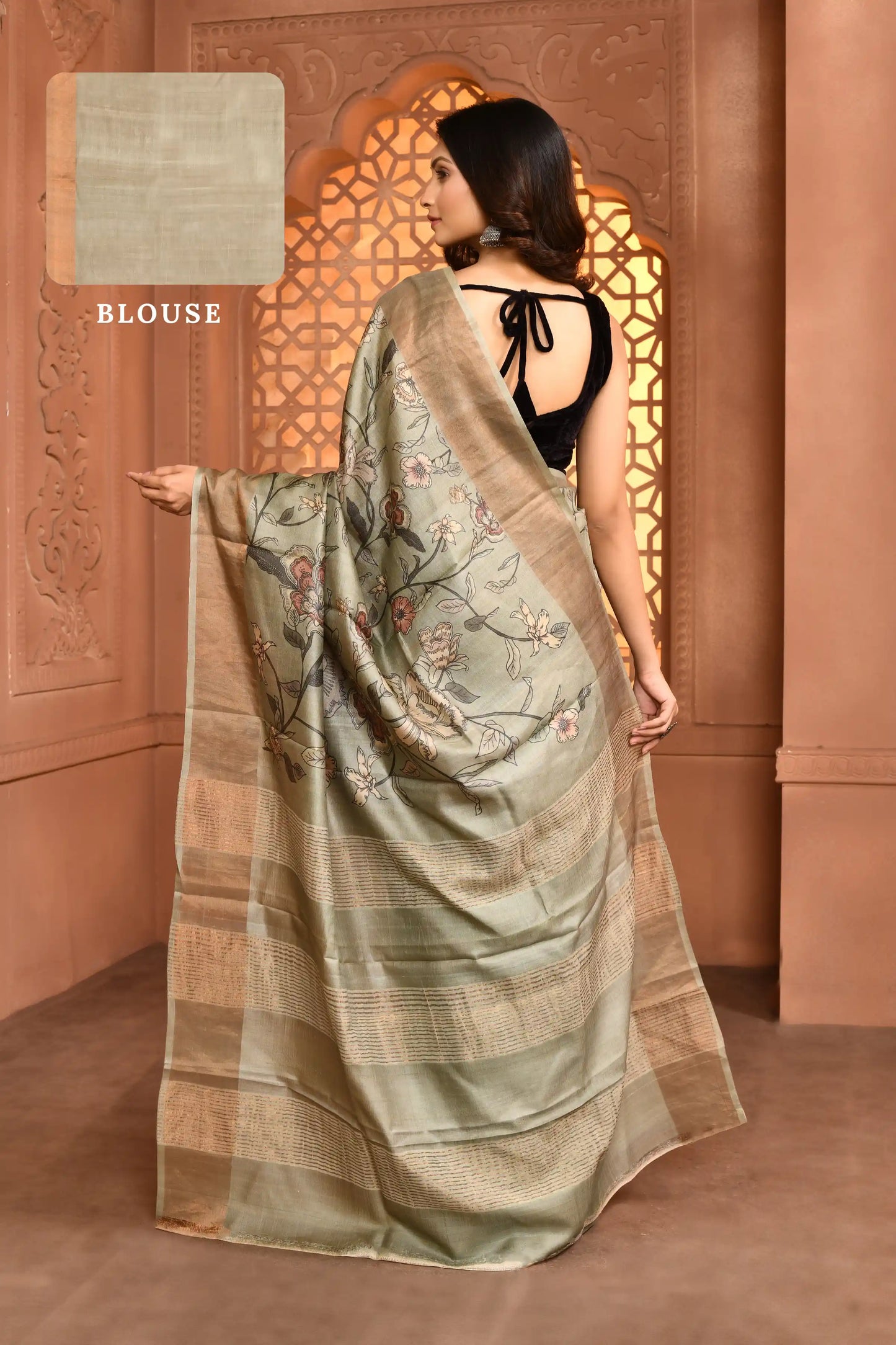 Aria Grace Saree Muted Sage Green featured