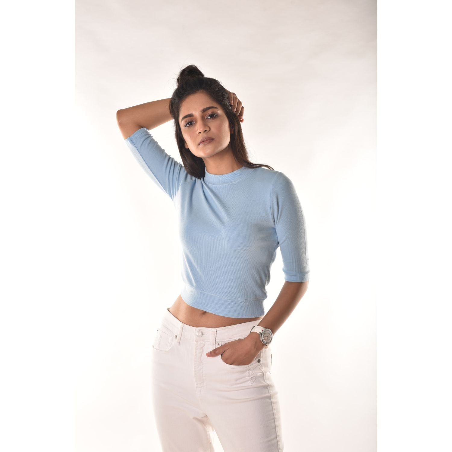 Hosiery Blouses - Elbow Sleeves - Sky Blue - Blouse featured