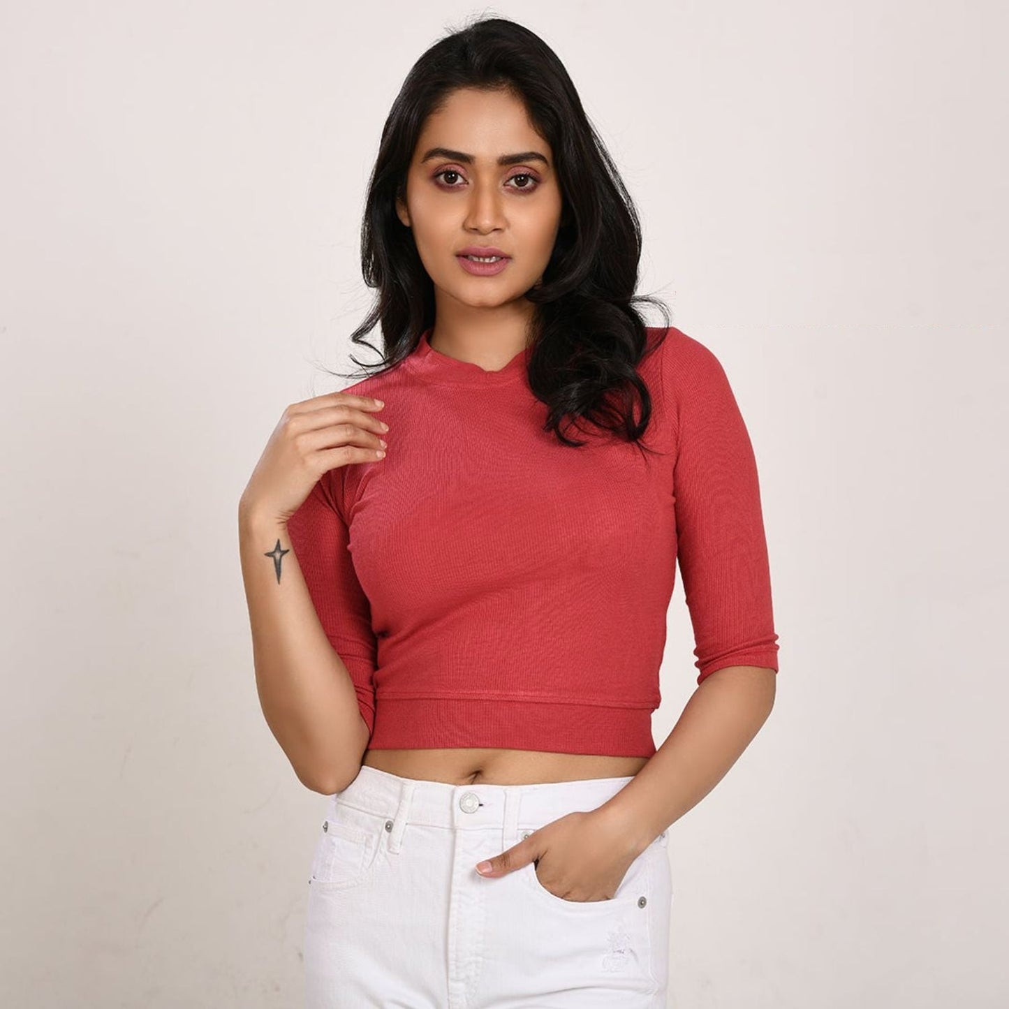 Hosiery Blouses - Elbow Sleeves - Vermilion Red - Blouse featured