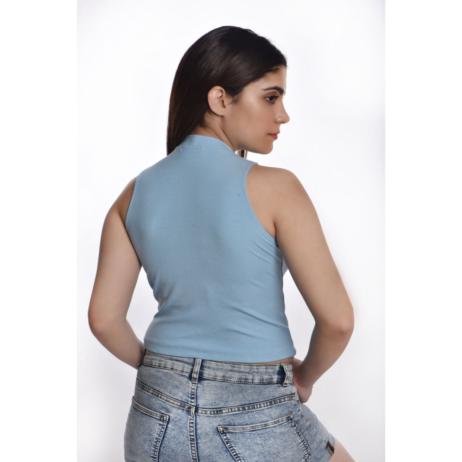 Sleeveless Hosiery Blouses - Sky Blue - Blouse featured