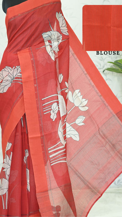 Gayatri Lotus Tussar Silk Saree - Crimson red featured