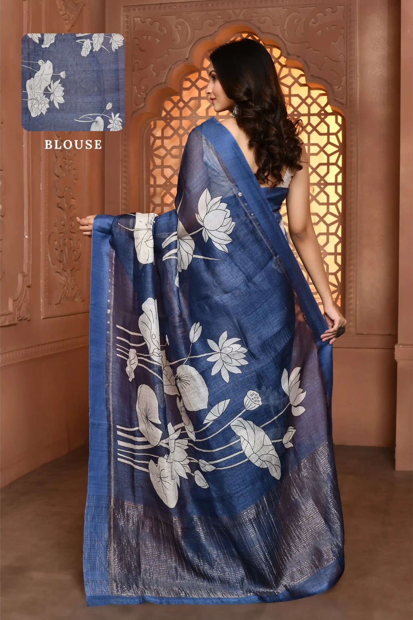 Gayatri Lotus Tussar Silk Saree - Zodiac Blue featured