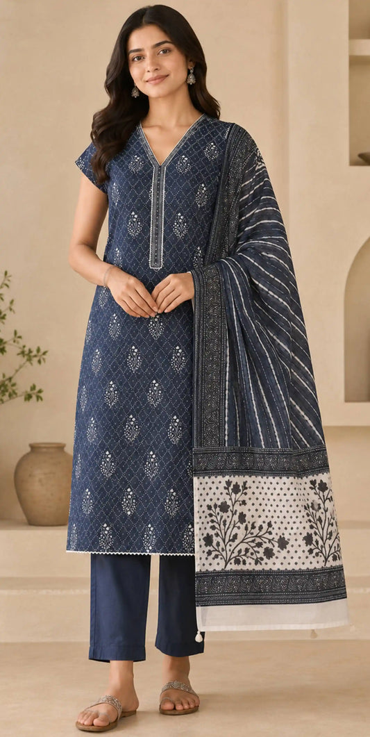 Artisan Bandhani Mirror Linen Kurti Dark Blue featured