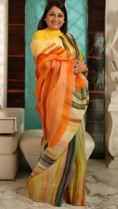 Organza Saree with Multi-coloured stripes Saree