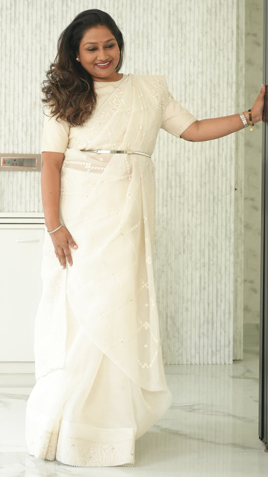 Ivory Organza Saree with Thread work Saree
