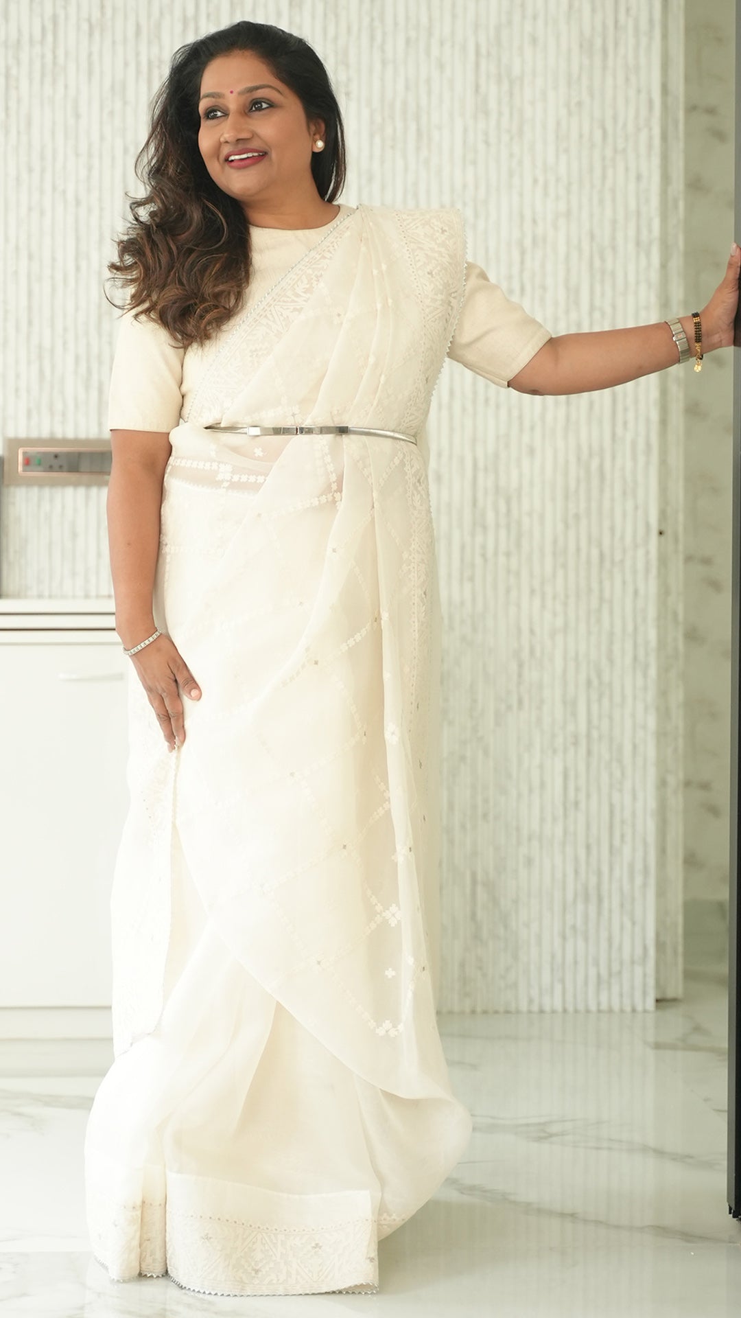 Ivory Organza Saree with Thread work Saree