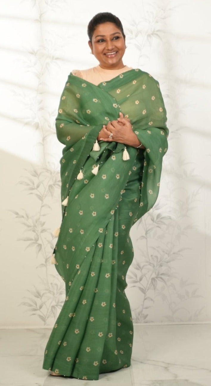 Green Organza Saree with Floral Pattern Saree