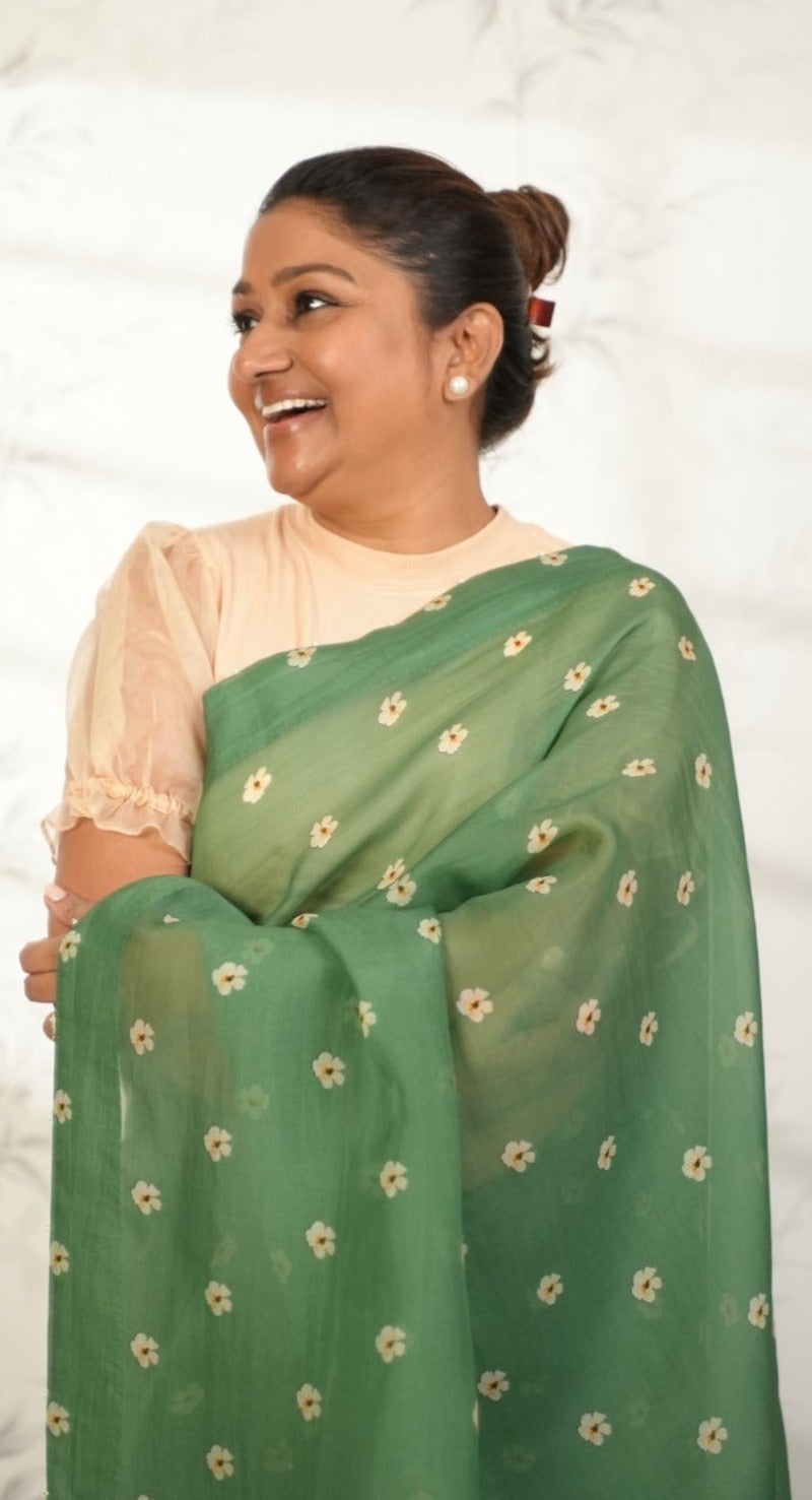 Green Organza Saree with Floral Pattern Saree