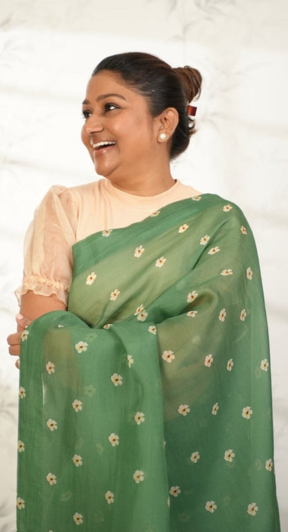 Green Organza Saree with Floral Pattern Saree