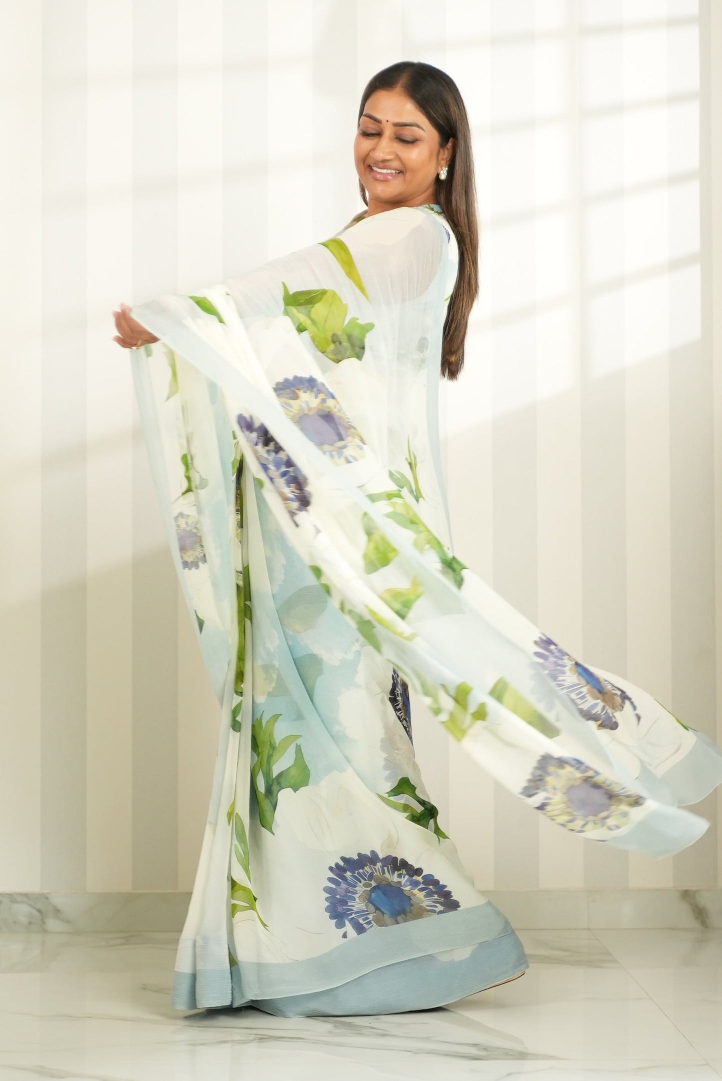 Soft Ice Blue Floral Chiffon Silk Saree Saree