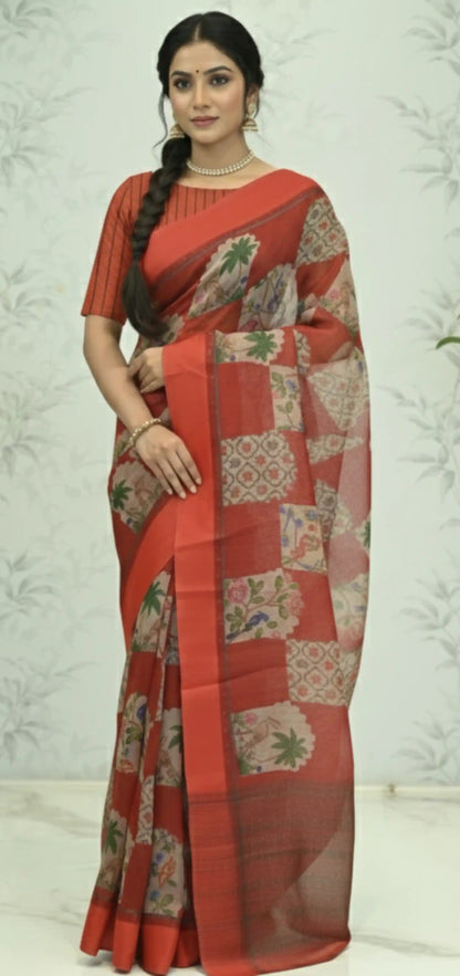 Yasmine Mughal Tussar Silk Saree - Cherry Red featured removed
