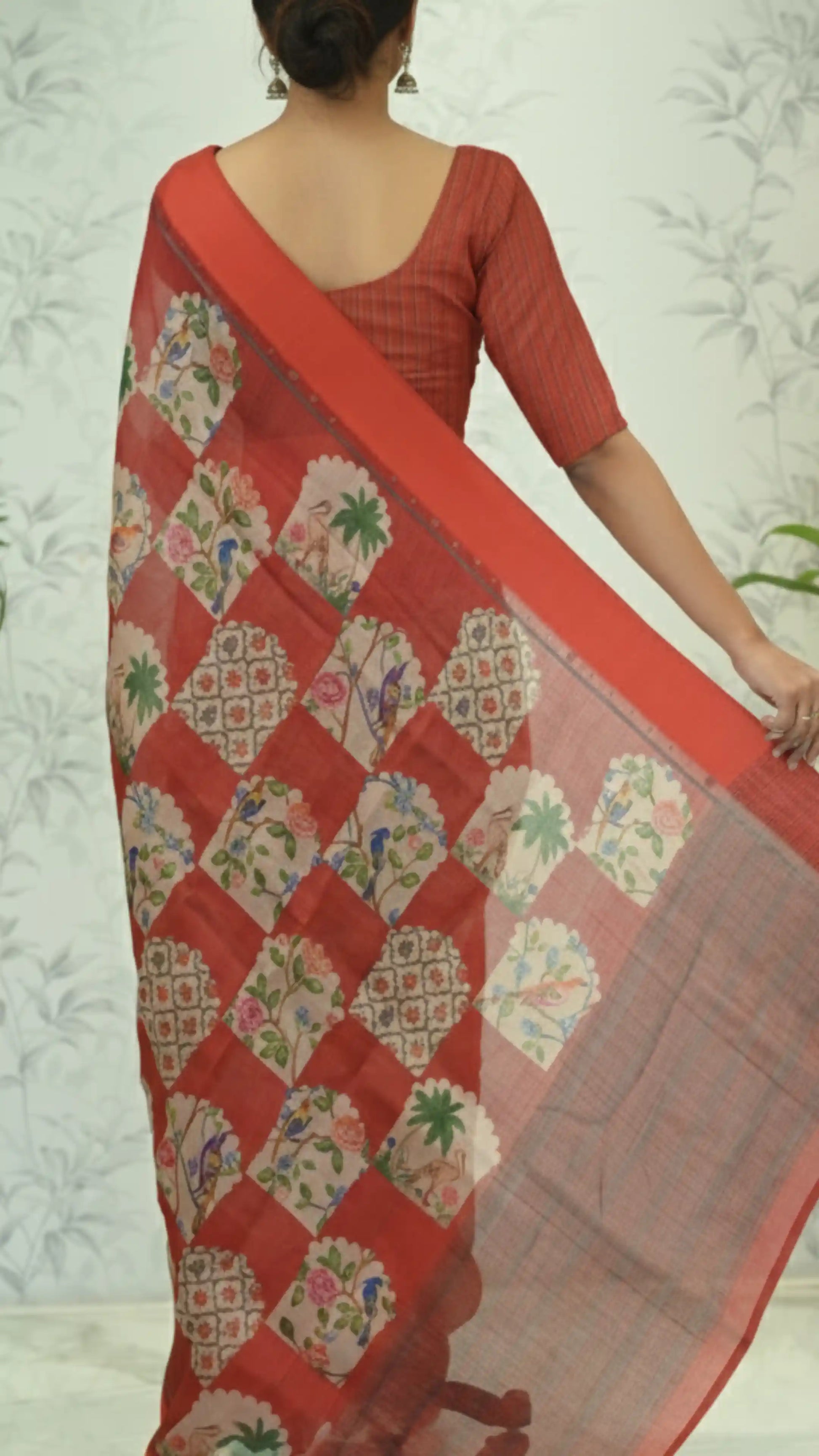 Yasmine Mughal Tussar Silk Saree - Cherry Red featured removed