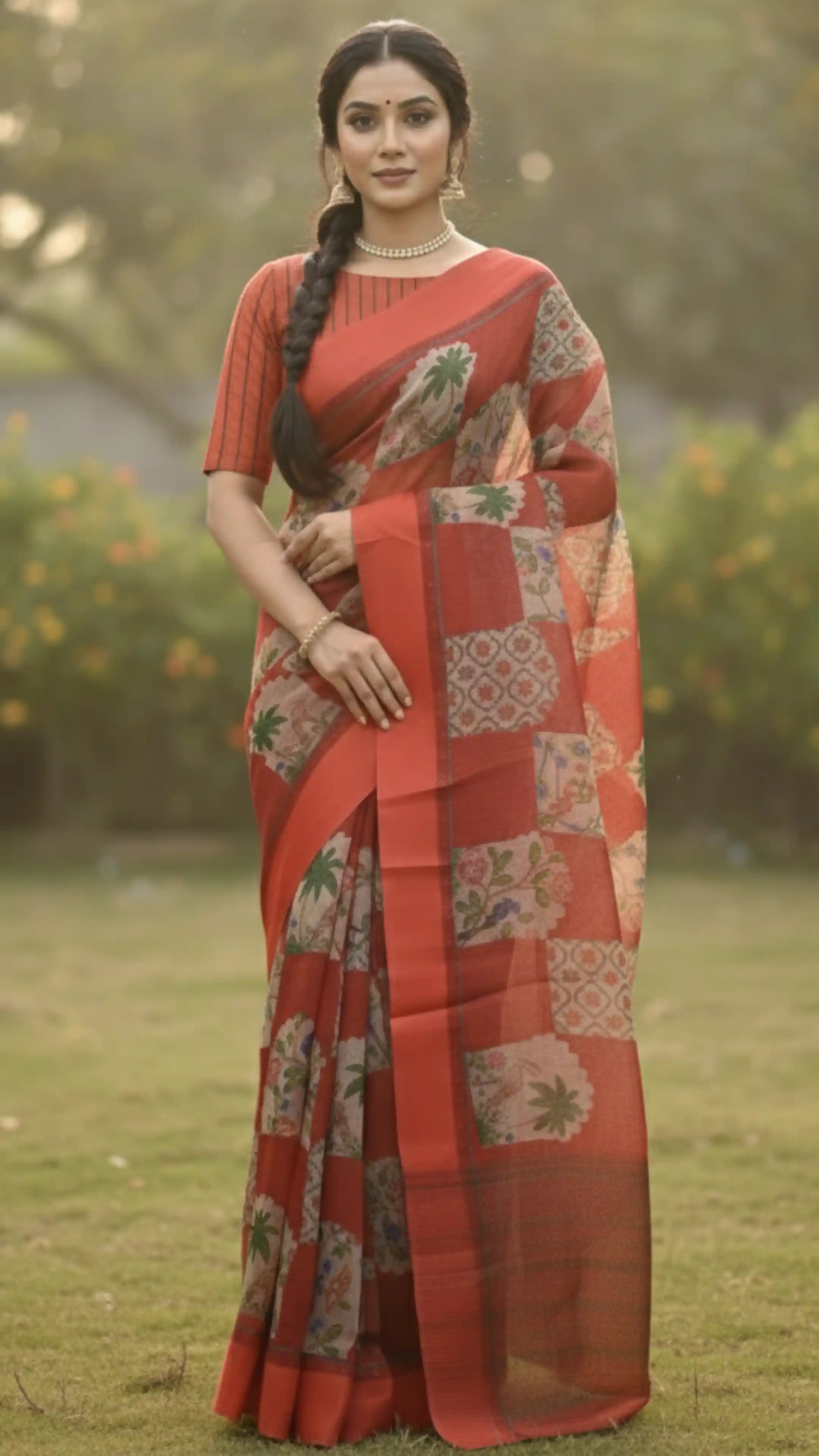 Yasmine Mughal Tussar Silk Saree - Cherry Red featured removed