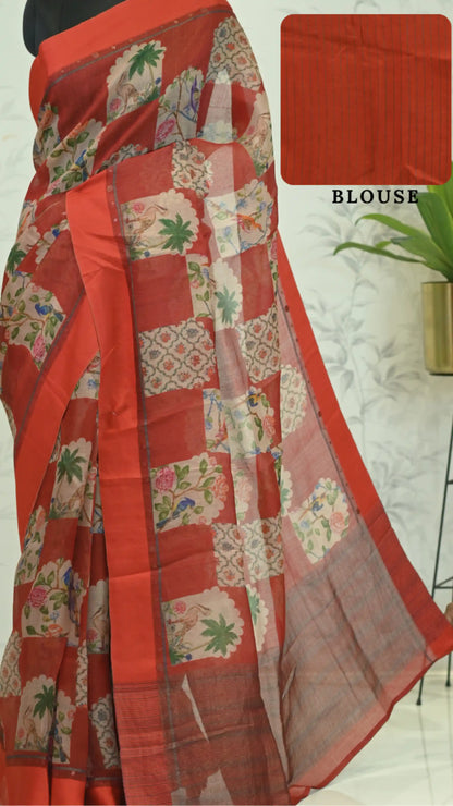 Yasmine Mughal Tussar Silk Saree - Cherry Red featured removed