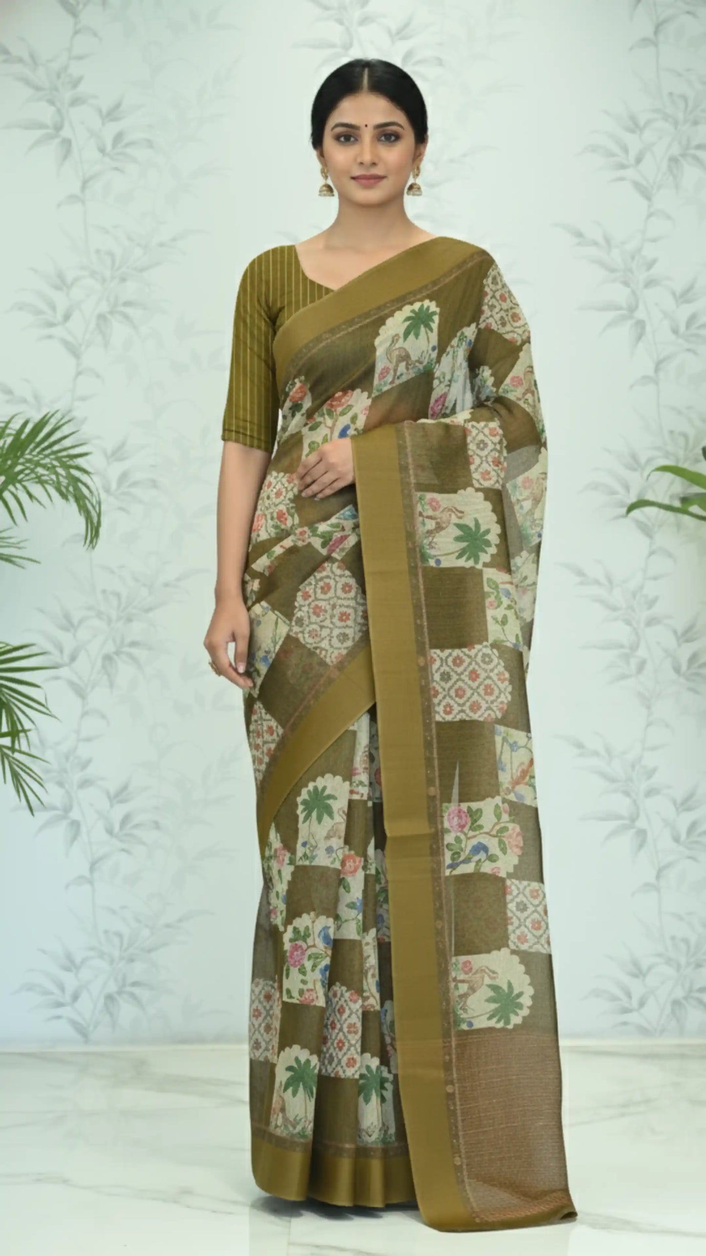 Yasmine Mughal Tussar Silk Saree - Olive Brown featured removed
