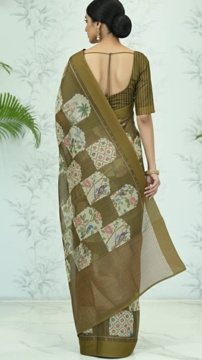 Yasmine Mughal Tussar Silk Saree - Olive Brown featured removed