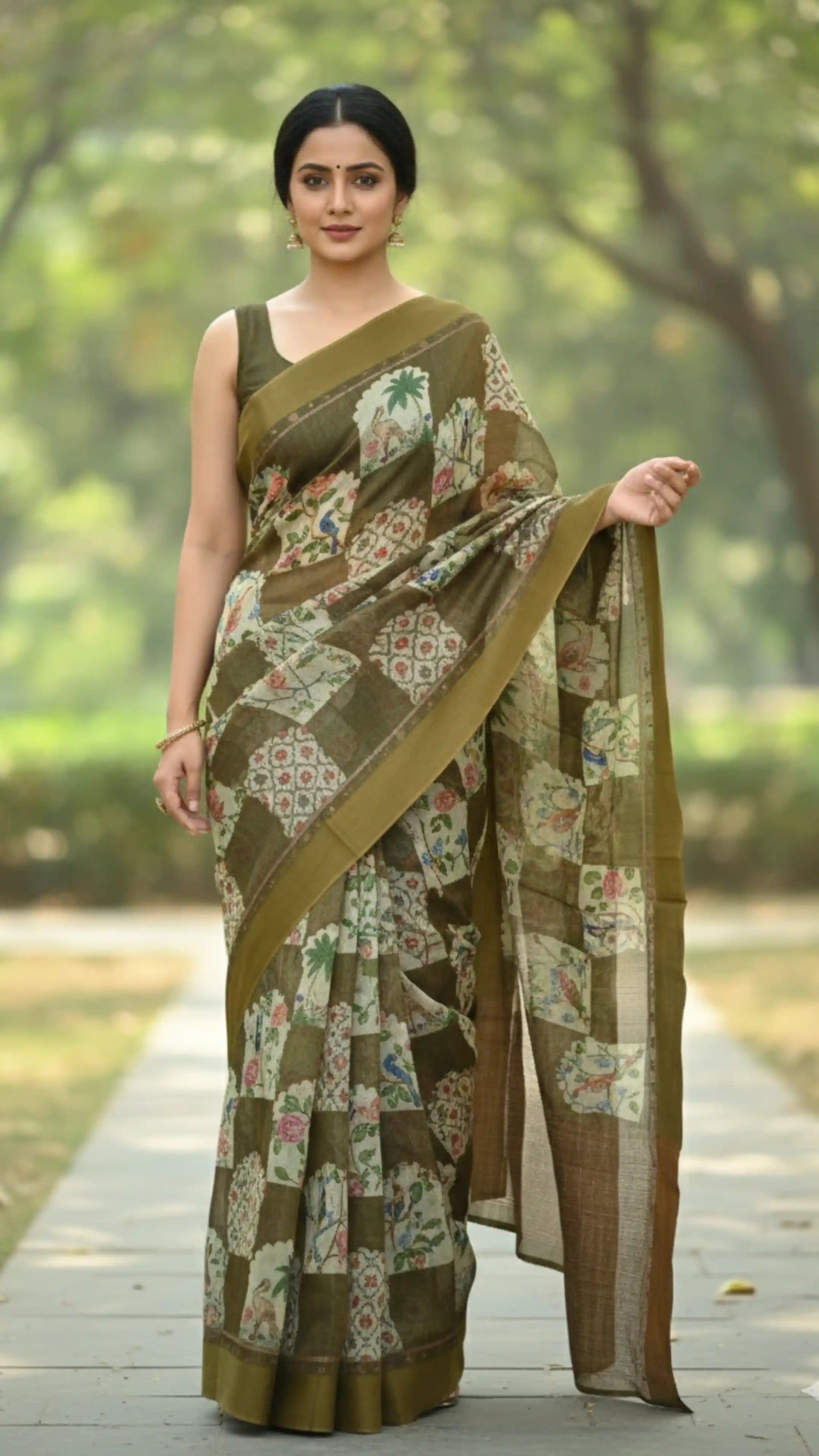Yasmine Mughal Tussar Silk Saree - Olive Brown featured removed