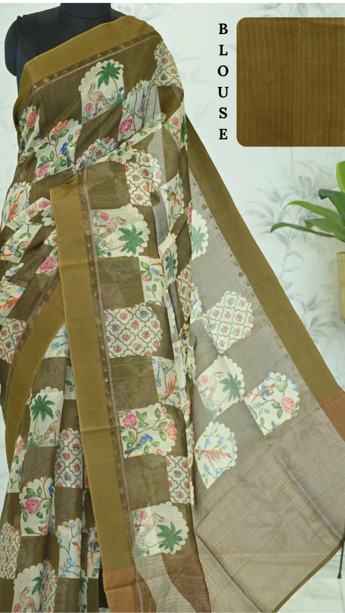 Yasmine Mughal Tussar Silk Saree - Olive Brown featured removed