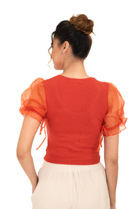 Round neck Blouses with Puffy Organza Sleeves - Brick Red - Blouse featured