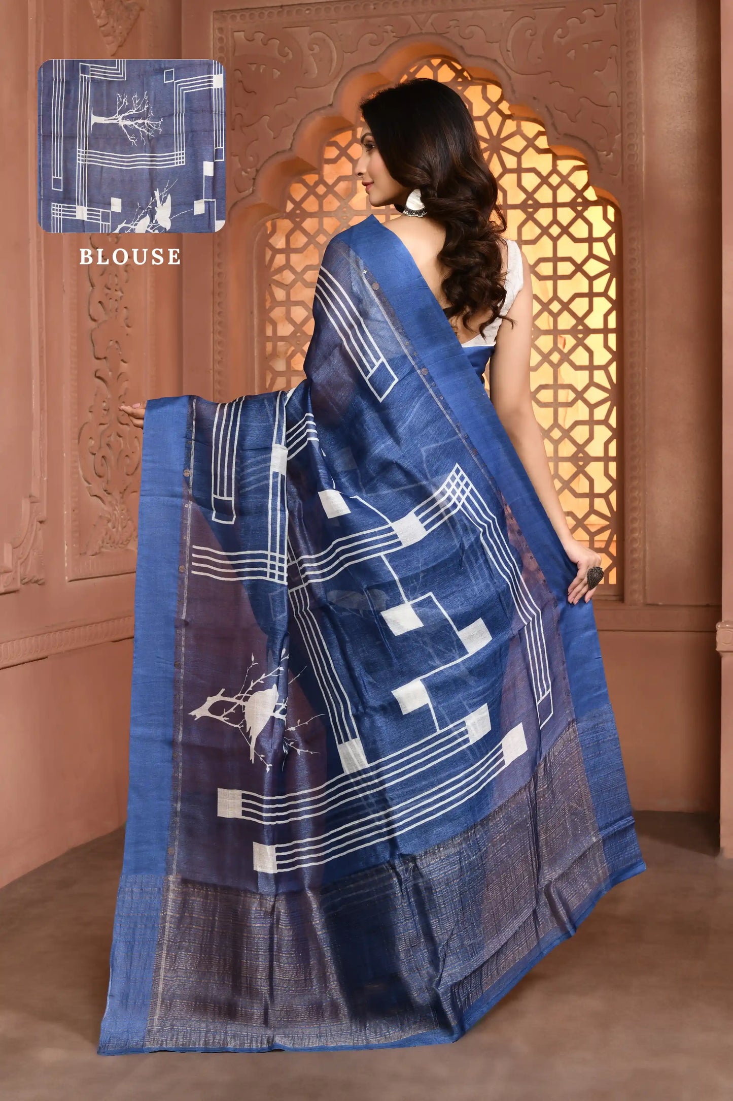 Kashvi Geometric Tussar Silk Saree Zodiac blue featured remove