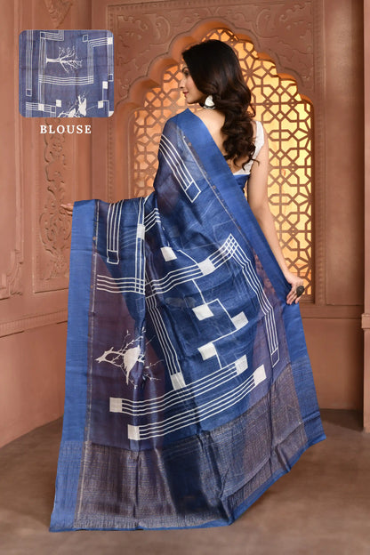 Kashvi Geometric Tussar Silk Saree Zodiac blue featured remove