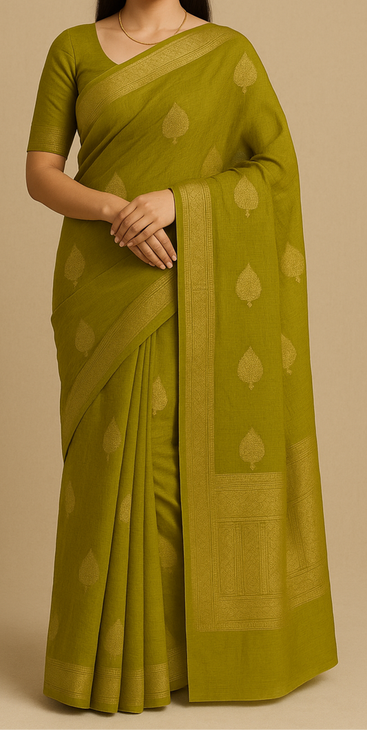 Green Saree With Golden Zari Work Saree